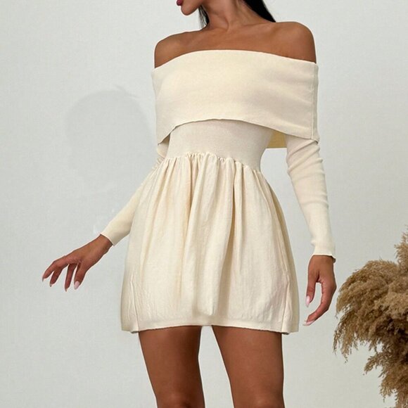 Apricot Elegant Women's Off Shoulder Long Sleeve A-Line Short Knitted Dress - Picture 1 of 5